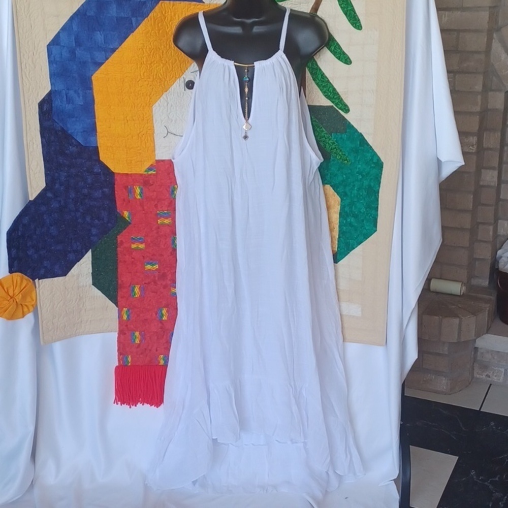 Mlle Gabrielle White Linen Low/High Maxi Dress with Gold chain Detailing